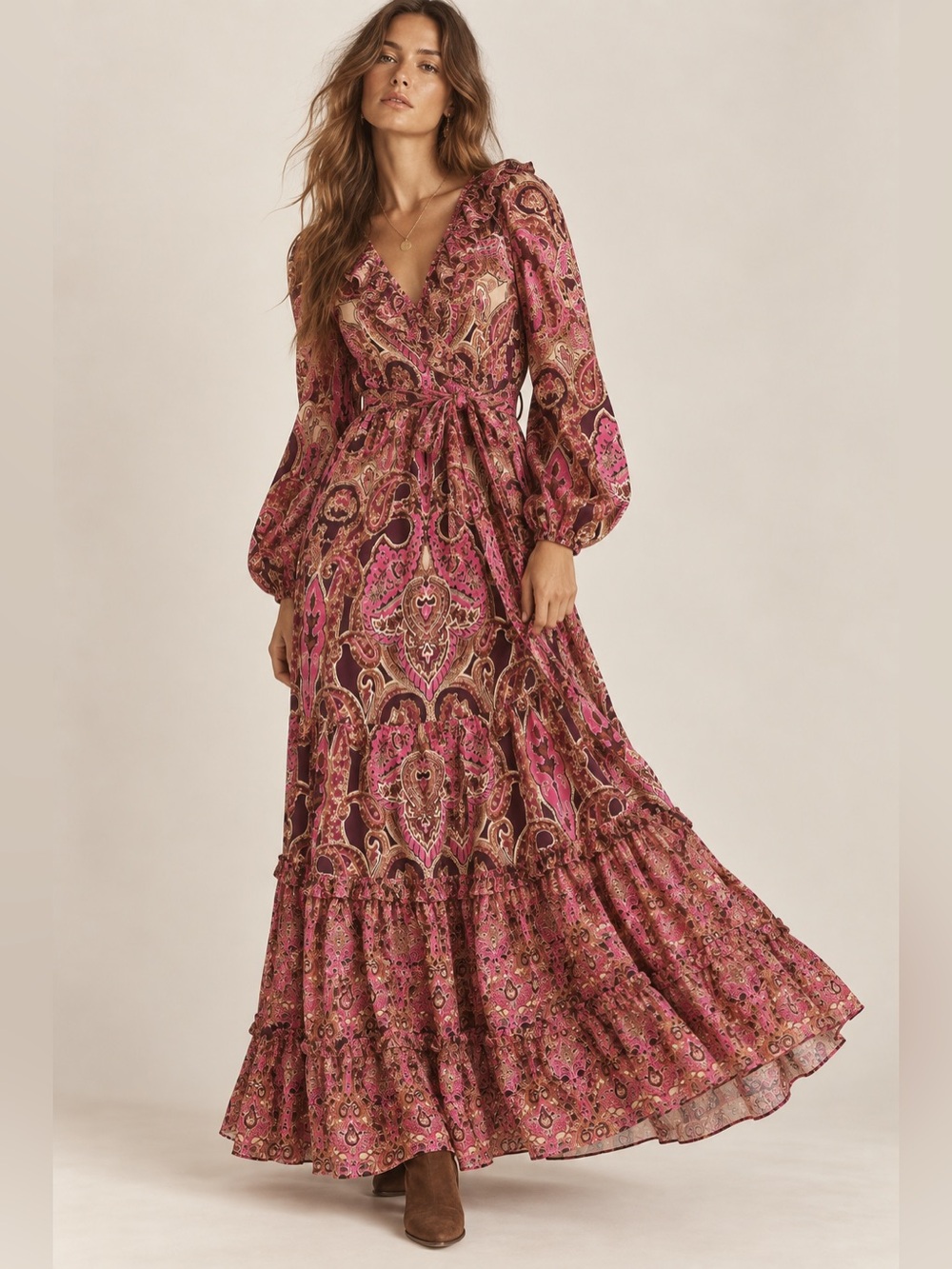 A Loves A Linen Blend Paisley Ruffle Maxi Dress Pink Burgundy Boho Gypsy M